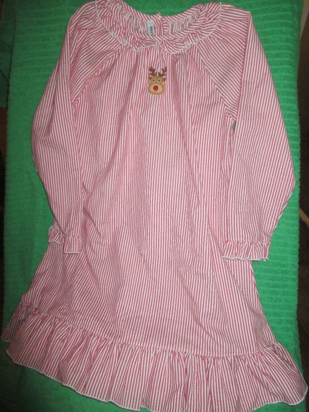 Sweet Dreams Red Striped Girls Nightgown with Embroidered Reindeer Size 6